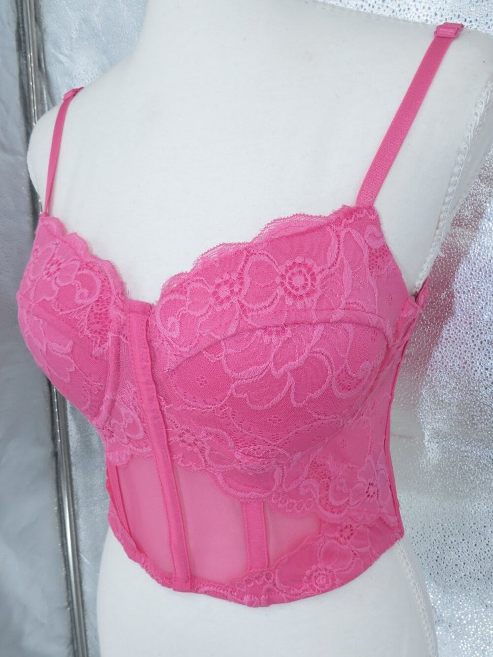 SAY WHAT PINK LACE MESH CORSET CROP TOP MEDIUM Y2K BUSTIER CAMI NIGHT OUT TANK M